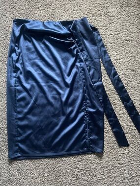 Elegant Navy Satin Pencil Skirt with Side Tie